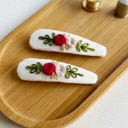 Hand-Embroidered Red Rose Snap Hair Clips Set of 2