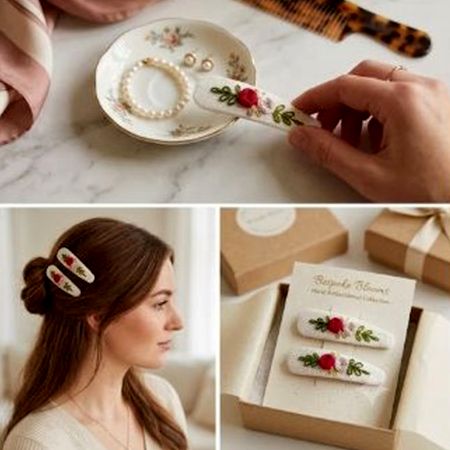 Hand-Embroidered Red Rose Snap Hair Clips Set of 2
