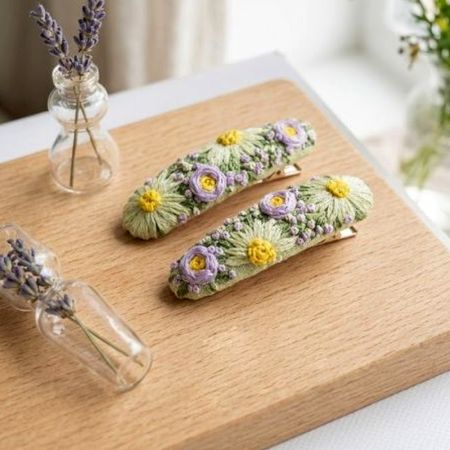 Hand-Embroidered Beaded Daisy Hair Clips Set of 2