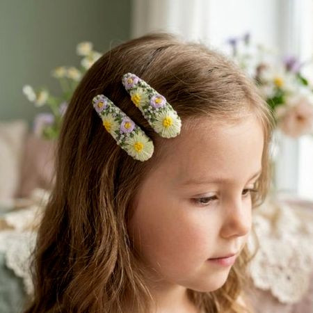 Hand-Embroidered Beaded Daisy Hair Clips Set of 2