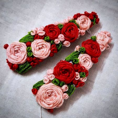 Hand-Embroidered Red Pink Floral Hair Clip