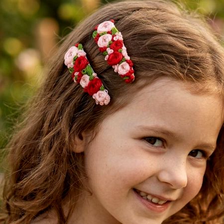 Hand-Embroidered Red Pink Floral Hair Clip