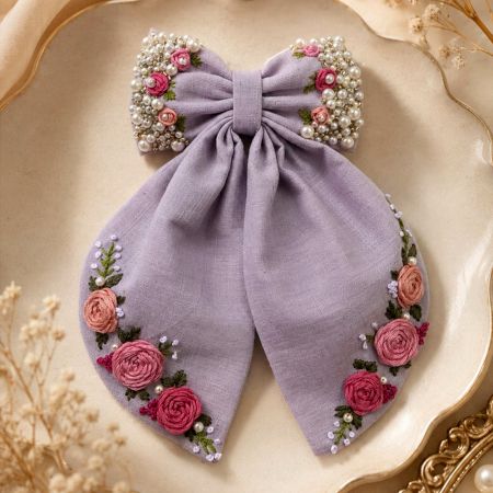 Hand-Embroidered Purple Bow Hair Clip with Alligator Clip
