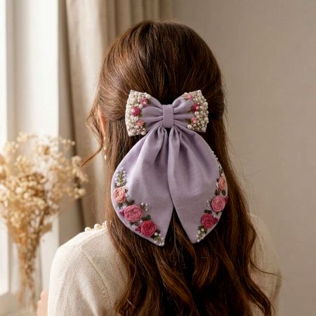 Hand-Embroidered Purple Bow Hair Clip with Alligator Clip