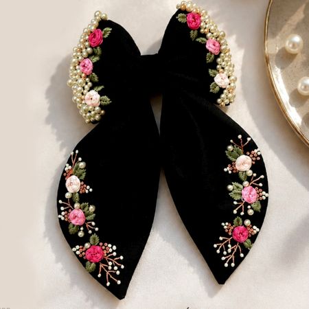 Hand-Embroidered Black Floral Bow Hair Clip with Alligator Clip