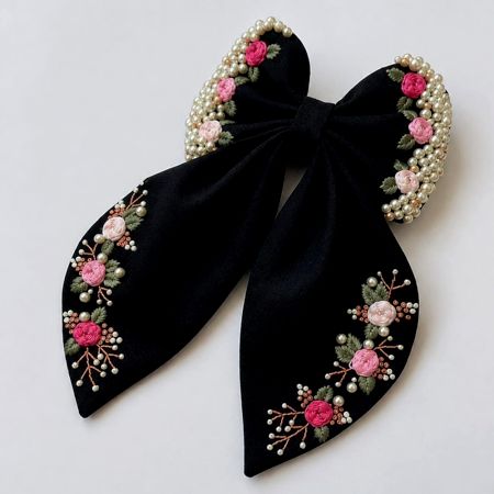 Hand-Embroidered Black Floral Bow Hair Clip with Alligator Clip