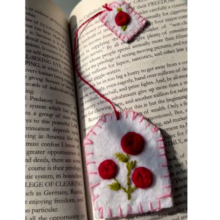 Hand-Embroidered Red Rose Tea Bag Felt Bookmark