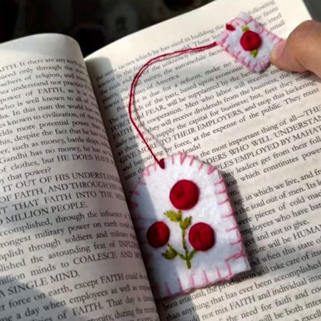 Hand-Embroidered Red Rose Tea Bag Felt Bookmark