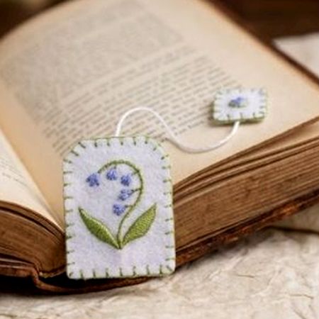 Hand-Embroidered Blue Floral Felt Tea Bag Bookmark