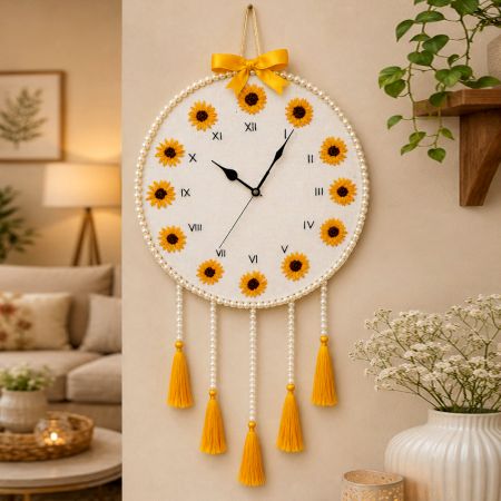 Hand-Embroidered Sunflower Wall Clock with Pearl Border