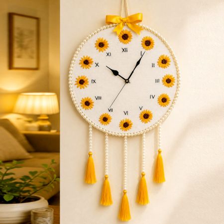 Hand-Embroidered Sunflower Wall Clock with Pearl Border