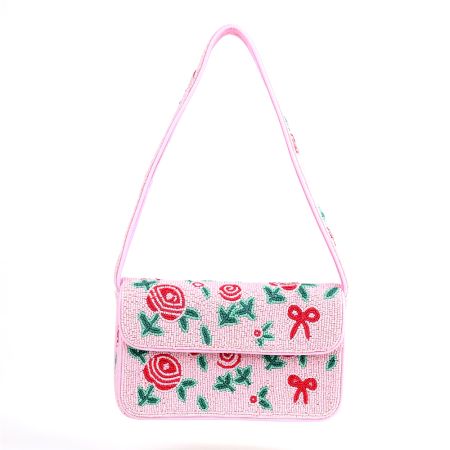 Handmade Pink Beaded Floral Shoulder Bag with Bow Design