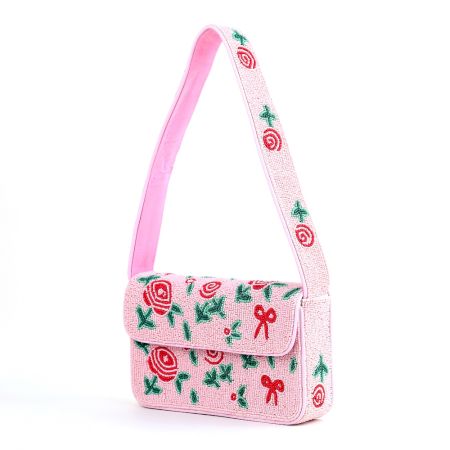 Handmade Pink Beaded Floral Shoulder Bag with Bow Design