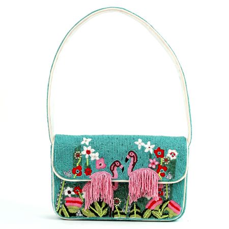 Handmade Turquoise Beaded Flamingo Floral Shoulder Bag