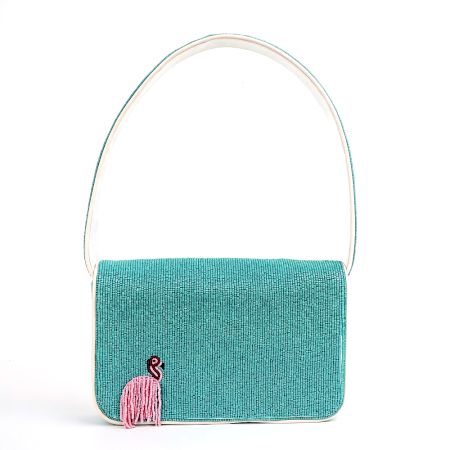 Handmade Turquoise Beaded Flamingo Floral Shoulder Bag