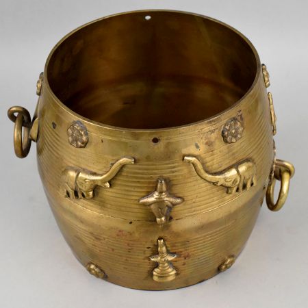 Antique Brass Decorative Storage Vessel with Elephant Motifs