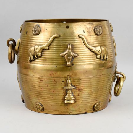 Antique Brass Decorative Storage Vessel with Elephant Motifs