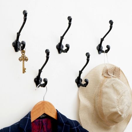 5 Pieces Vintage Black Iron Double Prong Wall Hooks