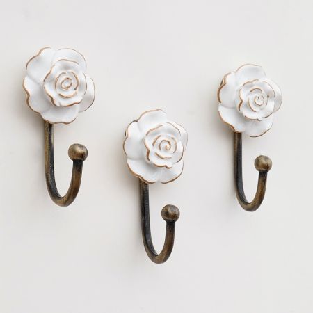 3 Pieces Handmade Vintage Floral Ceramic and Metal Wall Hooks