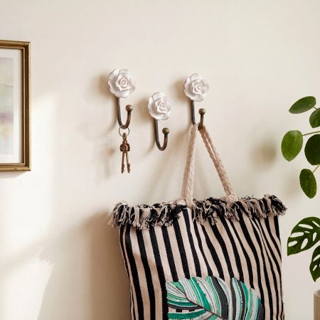 3 Pieces Handmade Vintage Floral Ceramic and Metal Wall Hooks
