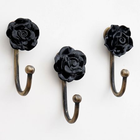 3 Pieces Handmade Vintage Black Rose Ceramic and Metal Wall Hooks