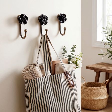 3 Pieces Handmade Vintage Black Rose Ceramic and Metal Wall Hooks