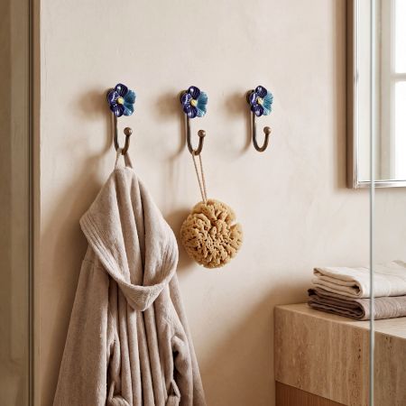 Set of 3 Navy Blue And Turquoise Ceramic Flower Wall Hooks