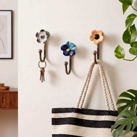 Set of 3 Multicolour Handmade Ceramic Flower Metal Wall Hooks