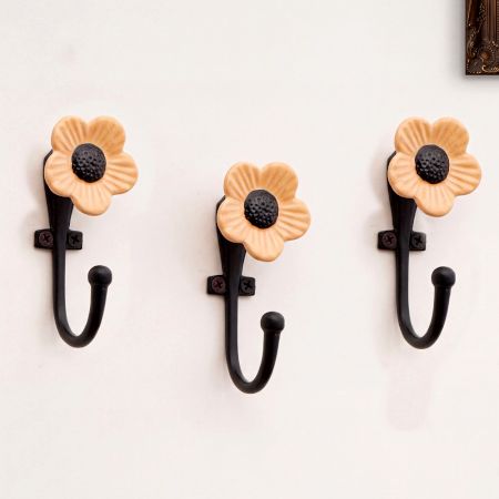 Set of 3 Handmade Mustard Daffodil Ceramic and Metal Wall Hooks