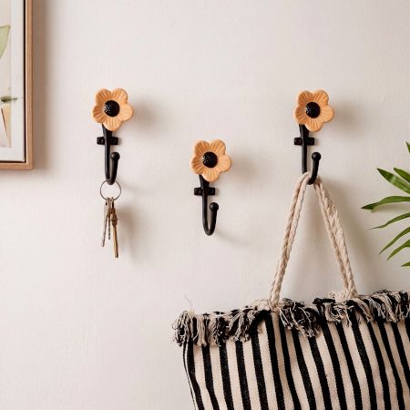 Set of 3 Handmade Mustard Daffodil Ceramic and Metal Wall Hooks