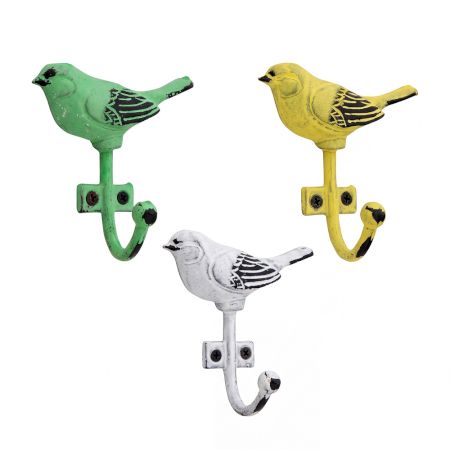 Set of 3 Handmade Multicolour Bird Iron Wall Hooks