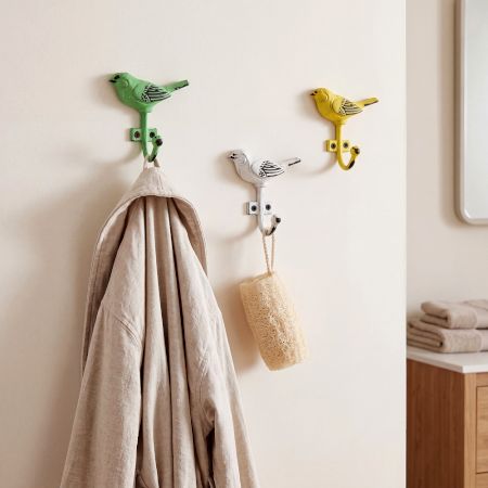 Set of 3 Handmade Multicolour Bird Iron Wall Hooks