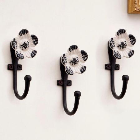 Set of 3 Handmade Black and White Daffodil Ceramic Metal Wall Hooks