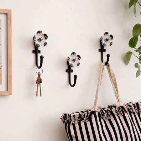 Set of 3 Handmade Black and White Daffodil Ceramic Metal Wall Hooks