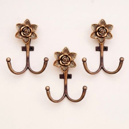 Set of 3 Handmade Golden Rose Double Metal Wall Hooks