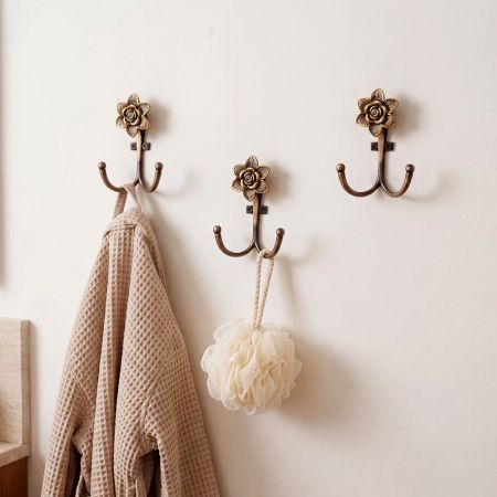 Set of 3 Handmade Golden Rose Double Metal Wall Hooks