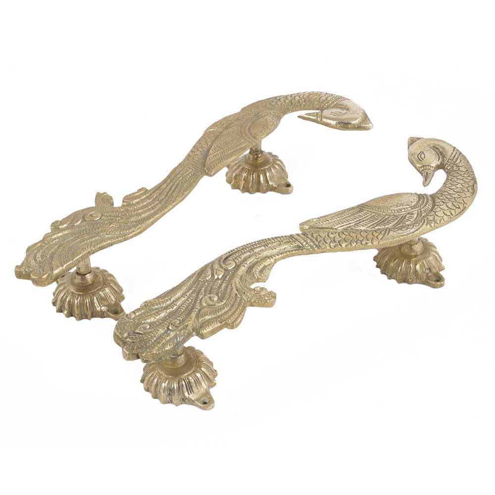 Handmade Brass Peacock Door Handles With Engraved Design In Pair