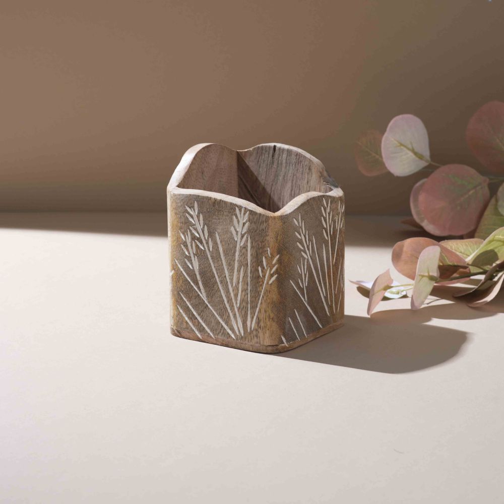 Rustic Leaf-Engraved Wooden Spoon Holder