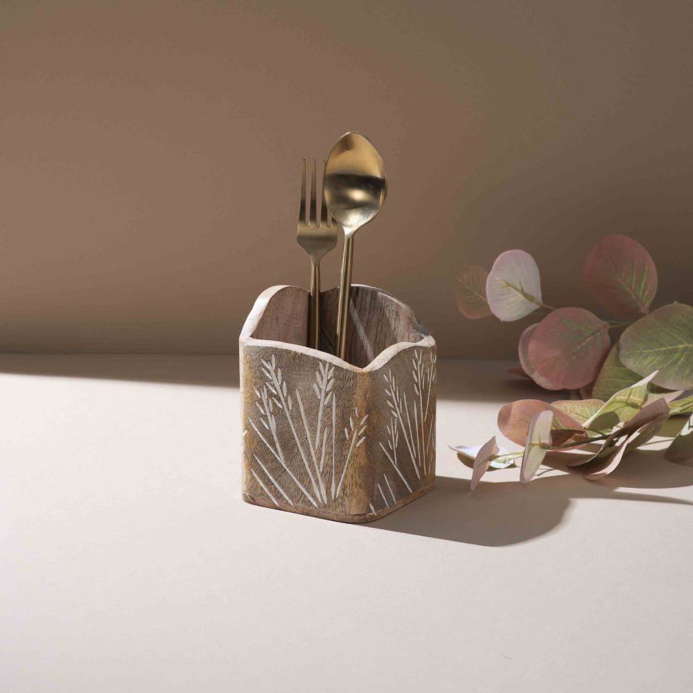 Rustic Leaf-Engraved Wooden Spoon Holder