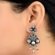 92.5 Sterling Silver Earrings Multicolored Stone Pink Jade Green Onyx Conch And Leafy Pattern Danglers
