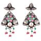92.5 Sterling Silver Earrings Multicolored Stone Pink Jade Green Onyx Conch And Leafy Pattern Danglers