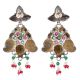 92.5 Sterling Silver Earrings Multicolored Stone Pink Jade Green Onyx Conch And Leafy Pattern Danglers