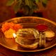 Engraved Design Two Hands Brass Diya Oil Lamp