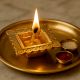Brass Engraved Square Oil Lamp Diya For Mandir