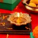 Hindu Brass Oil Lamp Diya Engraved Floral Swastika Diwali Decoration
