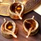 3 Pieces Brass Pepal Leaf Oil Lamp Diya On Decorative Base