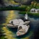 Vintage Velvet Painting on Hardboard Moonlit River Scene with Boats
