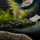 Vintage Velvet Painting on Hardboard Moonlit River Scene with Boats