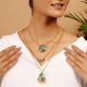 Green Kundan Multi-Layer Necklace with Gold Tone Chains & Pearl Tassels