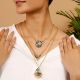 Green Kundan Multi-Layer Necklace with Gold Tone Chains & Pearl Tassels